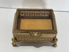 Vtg Ornate Ormolu Jewelry Box Gold Filigree Beveled Glass Footed Cherubs Lined