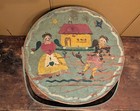 Primitive Large Folk Art Painted Wooden Firkin Sugar Bucket W  Lid   Handle Vtg