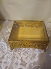 Vintage Ornate Beveled Glass Ormolu Gold Footed Jewelry Box Casket Floral