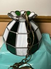 Vintage Stained Glass Hanging Light Swag Lamp Chandelier White And Green