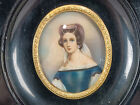 19th Century Hand Painted Miniature Lady Portrait Lacquered Black Wood Frame