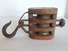 Antique 3 Wheel Wood Block   Tackle Anvil Barn Pulley Cast Iron Metal Wheels