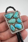 Vtg A  Penketewa Zuni Sterling Silver Natural Turquoise Stamped Bolo Tie 1 5 