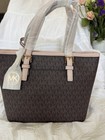 Michael Kors Jet Set Travel Logo Tote Brown Pink Trim Gold Hardware Det Strap