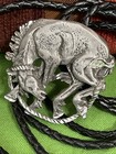 Western Style Signed  Braided Leather Bolo Tie Horse With Lasso Silver Tone 36   