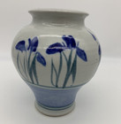 Vintage Art Pottery Vase Blue   White With Hand Painted Irises Signed