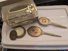 Vintage Gold Tone Vanity Set Dresser Mirror Brush Powder Jar Mesh Tissue Box