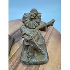 Vintage Art Deco Pierrot Clown Lute Player Bookends Set Bronze Tone Metal Pair