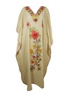 Cream Kaftan Dress With Multicolor Floral Embroidery     Boho Maxi Caftan One Size