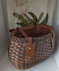 Vintage Wicker Basket Market Tote Leather Handles 