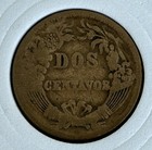 1878 Peru Dos  2  Centavos Bronze Coin - Republica Peruana Radiant Sun - Fine-vf