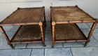 Pair Of Faux Bamboo Wood End Side Tables With Cane Bottoms And Casters