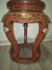 Chinese Red Lacquer Drum Table Plant Stand Hand Painted Peony Bird Chinoiserie
