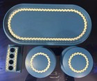 6 Pc Vintage Fesco Blue Plastic Vanity Set W  Lipstick Holder   Trinket Boxes