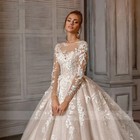 Elegant A-line Wedding Dress O-neck Long Sleeved Lace Applique Train Bridal Gown