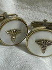 Pair Vintage Anson Gold Tone Abalone Medical Caduceus Symbol Cufflinks  Ja1