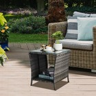 Gray Wicker Rattan Side End Table With Glass For Patio Outdoor Garden Furniture