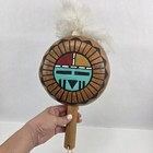 Vintage Hopi Tawa Sun Face Kachina Hand Painted Gourd Rattle Feathers Native Art