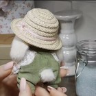 White Small Plush Stuffed Animal Rabbit Toy Green Overalls Straw Hat Cute