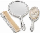 Vtg Silver Plated 3 Pc Vanity Set Mirror Hair Brush Comb Ornate Scroll 94-3017