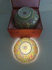 Pair Vintage Chinese Famille Jaune Eggshell Porcelain Dragon   Phoenix Bowls