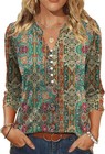 Boho Floral Blouse Women 3 4 Sleeve Pearl Button Spring Summer Casual Top