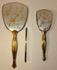 Vintage Handheld Vanity Set Mirror Brush   Comb Usa Gold silver floral