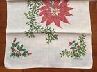 Vintage Signed Kitchen Linen Tea Towel Christmas Red Poinsettias Holly Berries