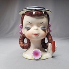 Vintage Japan Girl Head Vase Planter Lipstick Holder Ceramic Brown Hair Bows