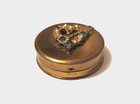 Vintage Trinket Pill Box Hinged Lid Green Rhinestones Heart Cupids Arrow