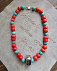 Vintage Coral   Turquoise Bead Necklace Sterling Silver Pendant 18  Southwestern