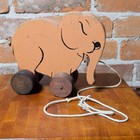 Vintage Wooden Elephant Pull Toy Folk Art Childs Toy Wood Wheels Nursery Decor