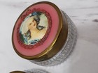 Lot 2 Vintage Vanity Make Up Glass Powder Jar Victorian Painted Lady Metal Lid