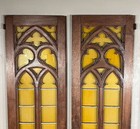 Antique French Gothic Double Doors Door Set Amber Stained Glass W  Carved Frame