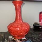 Hand Carved Chinese Red Cinnabar Lacquer Vase 9 Inch Vintage