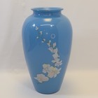 Vintage Blue Art Glass Vase Hand Painted White Floral Design Satin Glass Decor  