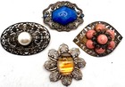 Lot 4 Vtg Antique Victorian Filigree Czech Art Glass Brooches - 1 W Owner Name 