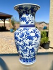 Blue White Porcelain Vase 13 5  Hand Painted Floral Chinoiserie Chinese Style