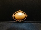 Vintage Gold Tone Oval Brooch W faux Diamonds Surrounding Lg Faux Pearl
