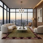 Hand Tufted Wool Rug  Olive Green Geometric Border  Burgundy Blush Pink Area Rug