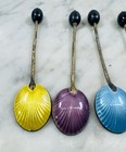 Vintage Sterling Silver Guilloche Enamel Demitasse Spoons Set Of 5 London 925