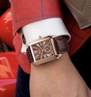 Men Square Quartz Watch Rose Gold Case Brown Leather Strap Business