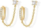 S925 Cz Dangle Huggie Earrings 18k Gold Plated Double Piercing