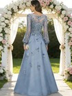 Dusty Blue Lace Tulle Mother Of Bride Dress V Neck Long Sleeve Formal Gown