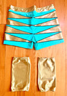 Men s Pro Wrestling Gear Set Aqua Green gold Biker Shorts   Knee Pad Covers Sz L