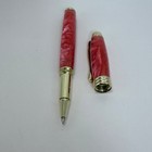 Handmade Red Marbled Acrylic Rollerball Pen Gold Trim Custom Turned Writing Tool