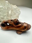 Antique Japanese Boxwood Netsuke Monkey Riding Fish Signed Ichiyo Edo Japan Rare