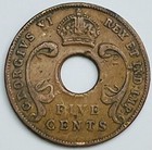1942 East Africa 5 Cents Km  25 2 Circulated Condition