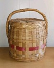 Vintage Farmhouse Large Round Wicker Basket With Handle Lidded Market Basket