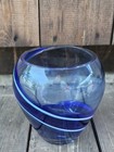Vintage Beautiful Hand Blown Cobalt Blue And White Swirl Art Glass Vase 5 5  Mcm
